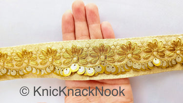 Indian Sari Trim, Beige Art Silk Fabric With Gold Thread Embroidered Flowers Trim, Gold Sequins